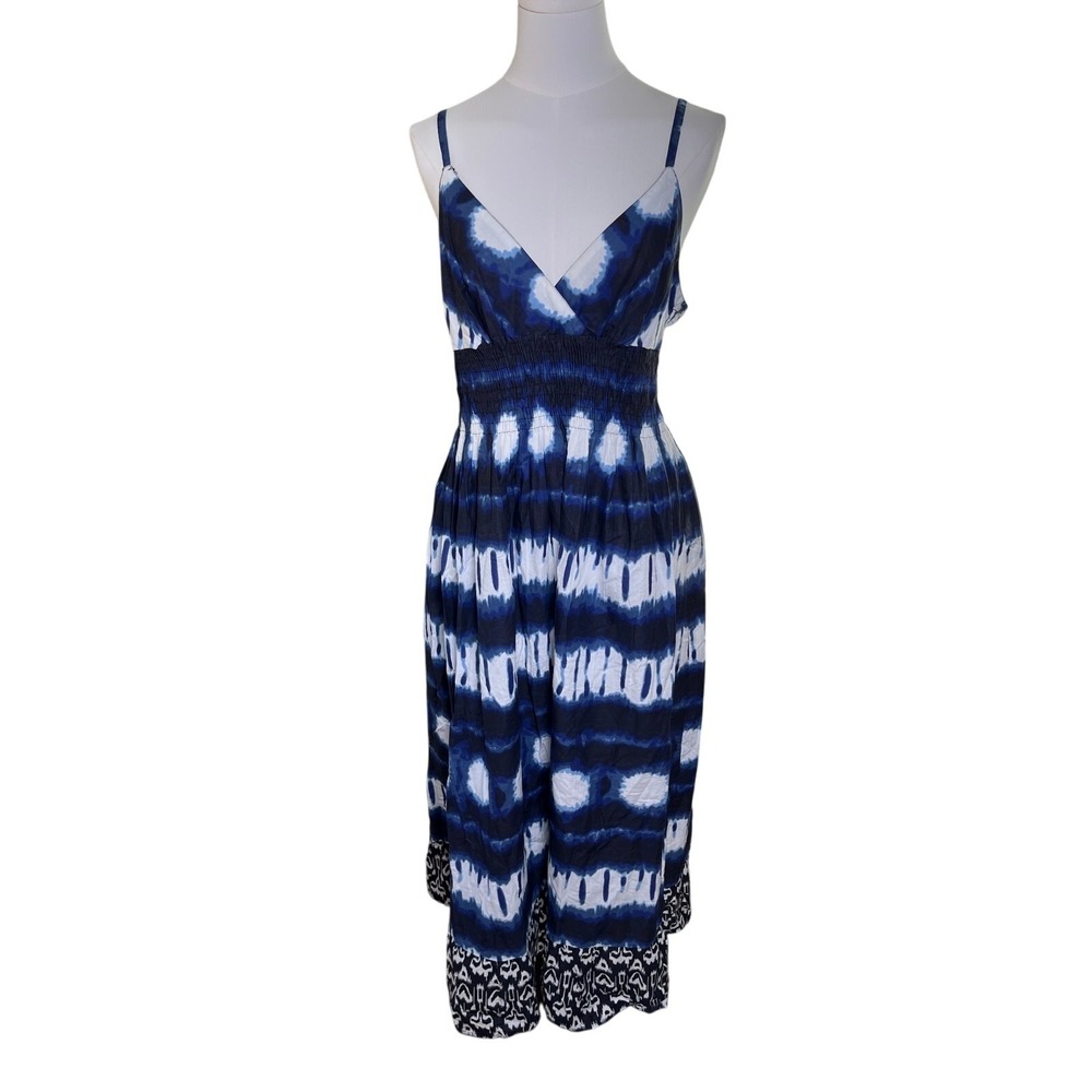 Speed Control‎ Maxi Dress L Boho Halter Blue White Tie Dye Sundress Women's